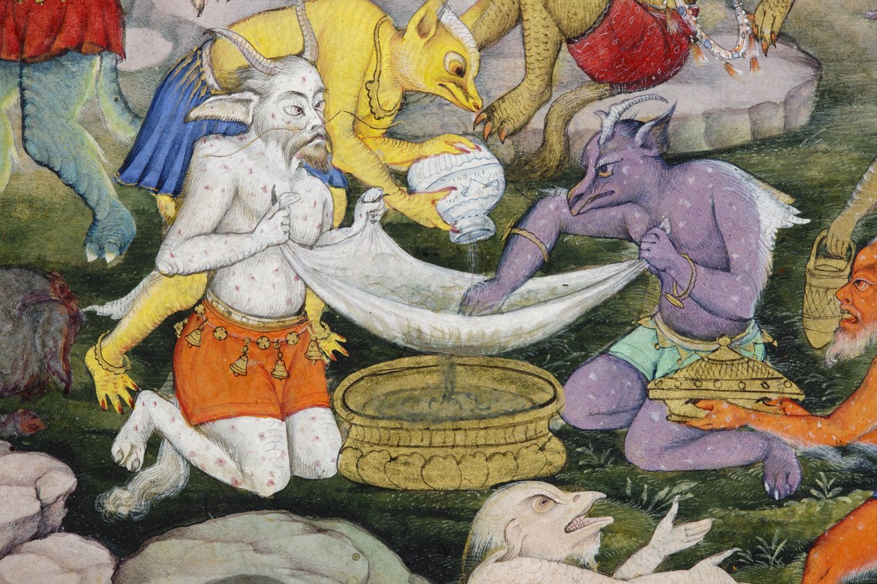 वाइल्ड लैंडस्केप में राक्षसों से विस्तार, c.1600 (कागज पर अपारदर्शी wc और सोना) द्वारा इंडियन स्कूल