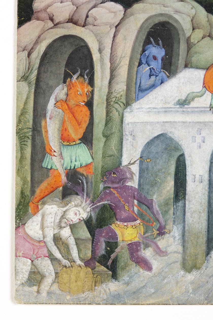 वाइल्ड लैंडस्केप में राक्षसों से विस्तार, c.1600 (कागज पर अपारदर्शी wc और सोना) द्वारा इंडियन स्कूल
