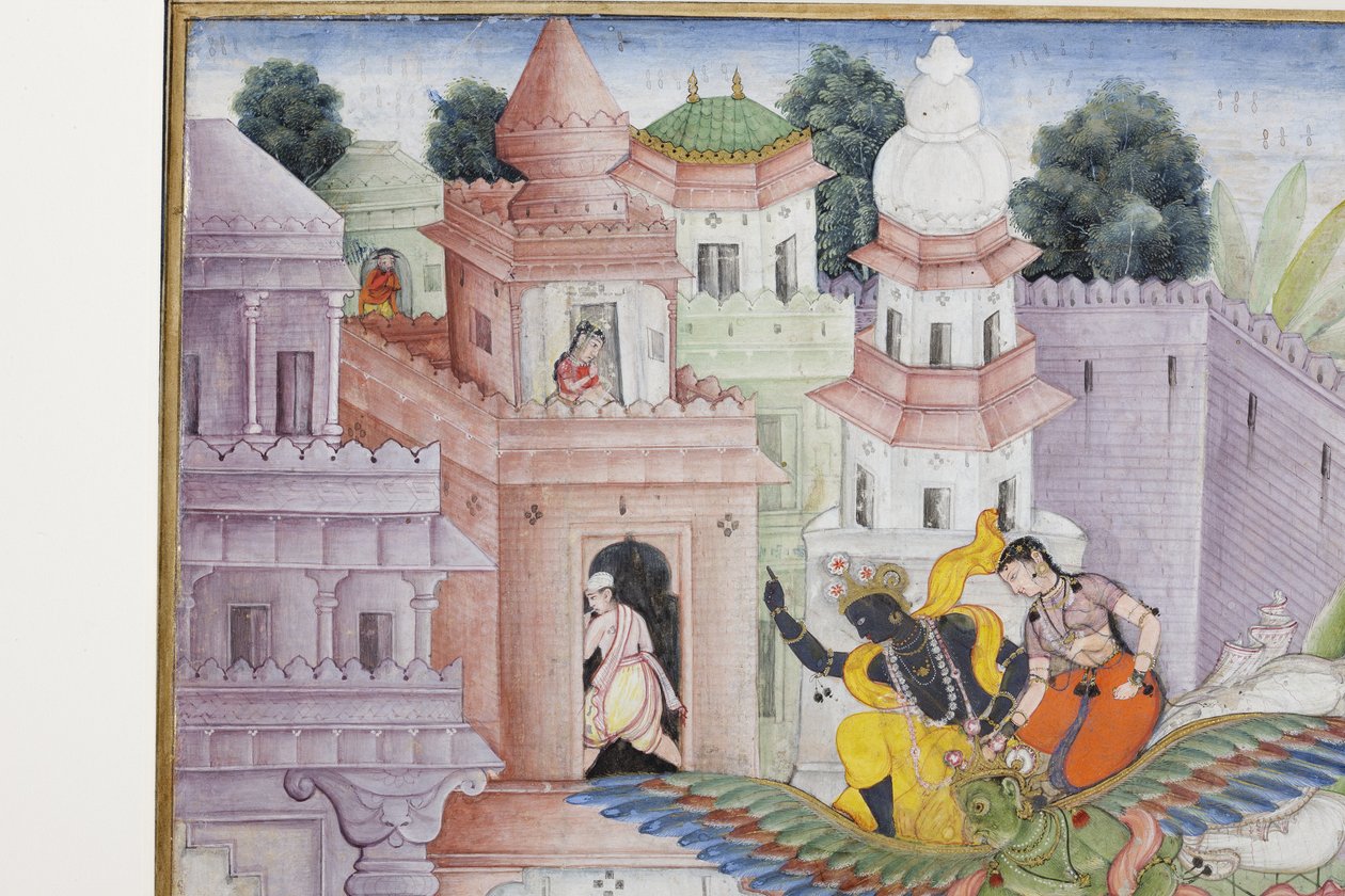 कृष्णा क्लीवेज द डिमन्स नरकासुर को अपने डिस्कस के साथ सी। 1585-90 (कागज पर अपारदर्शी wc और सोना) द्वारा इंडियन स्कूल