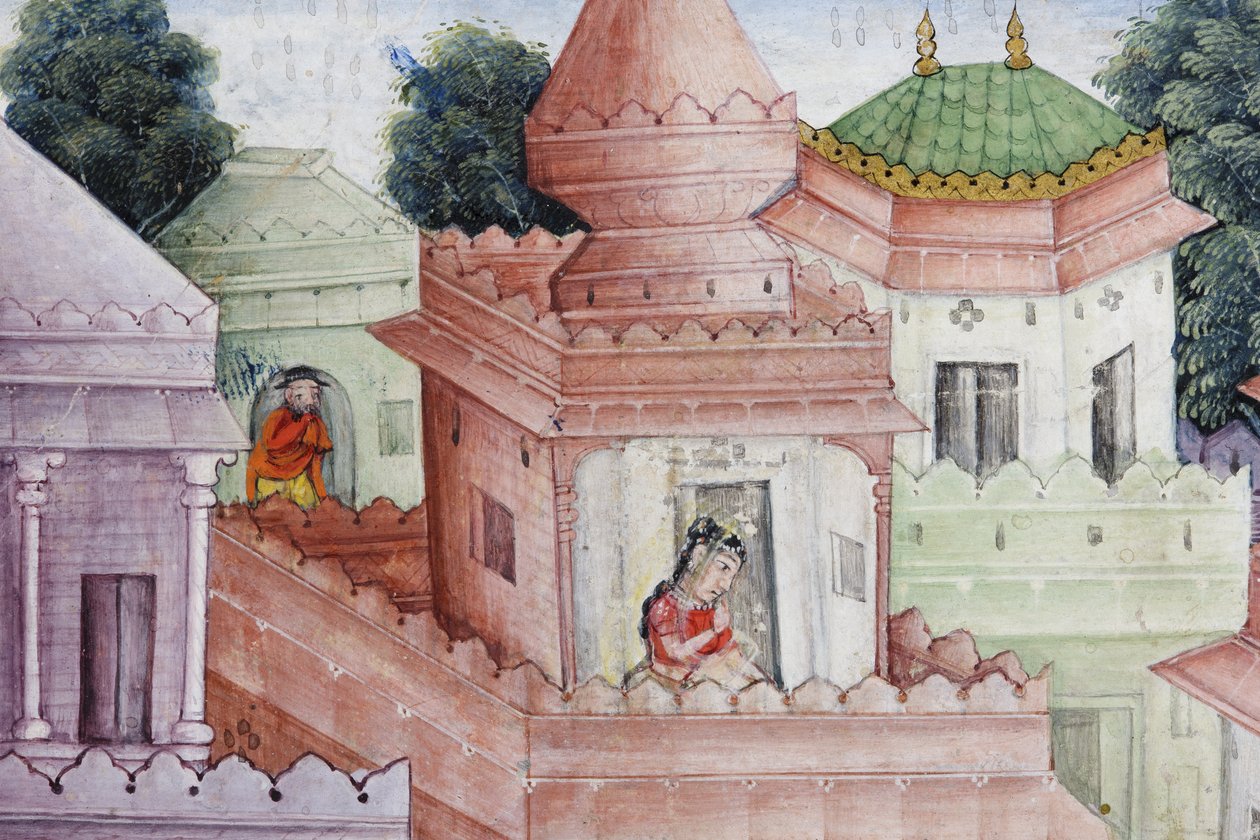 कृष्णा क्लीवेज द डिमन्स नरकासुर को अपने डिस्कस के साथ सी। 1585-90 (कागज पर अपारदर्शी wc और सोना) द्वारा इंडियन स्कूल