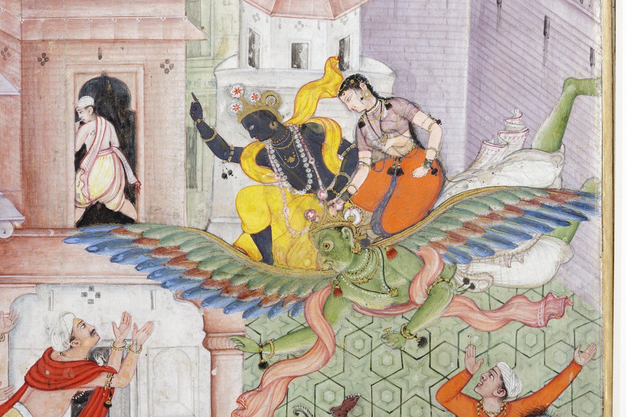 कृष्णा क्लीवेज द डिमन्स नरकासुर को अपने डिस्कस के साथ सी। 1585-90 (कागज पर अपारदर्शी wc और सोना) द्वारा इंडियन स्कूल