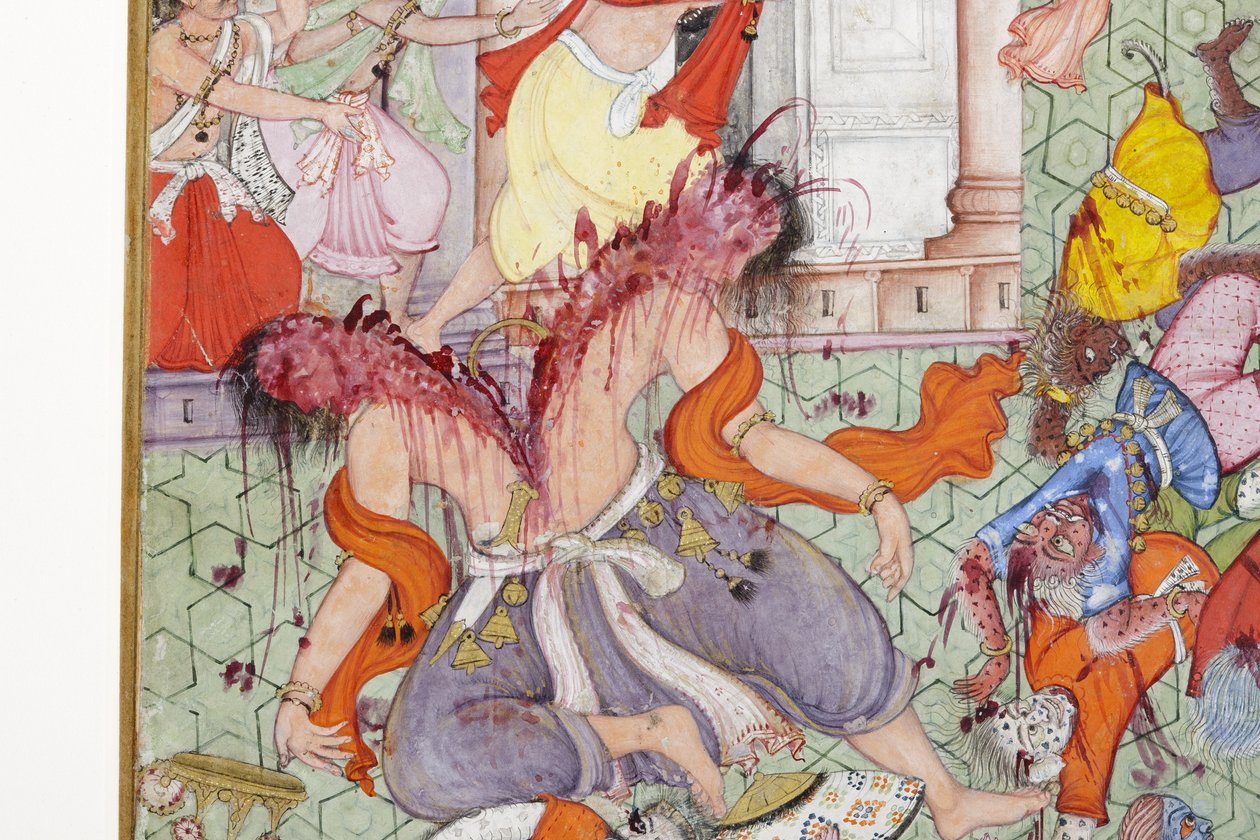 कृष्णा क्लीवेज द डिमन्स नरकासुर को अपने डिस्कस के साथ सी। 1585-90 (कागज पर अपारदर्शी wc और सोना) द्वारा इंडियन स्कूल