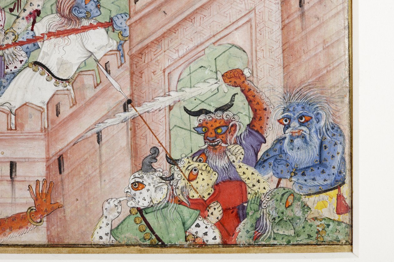 कृष्णा क्लीवेज द डिमन्स नरकासुर को अपने डिस्कस के साथ सी। 1585-90 (कागज पर अपारदर्शी wc और सोना) द्वारा इंडियन स्कूल