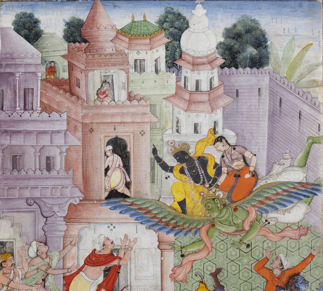 कृष्णा क्लीवेज द डिमन्स नरकासुर को अपने डिस्कस के साथ सी। 1585-90 (कागज पर अपारदर्शी wc और सोना) द्वारा इंडियन स्कूल