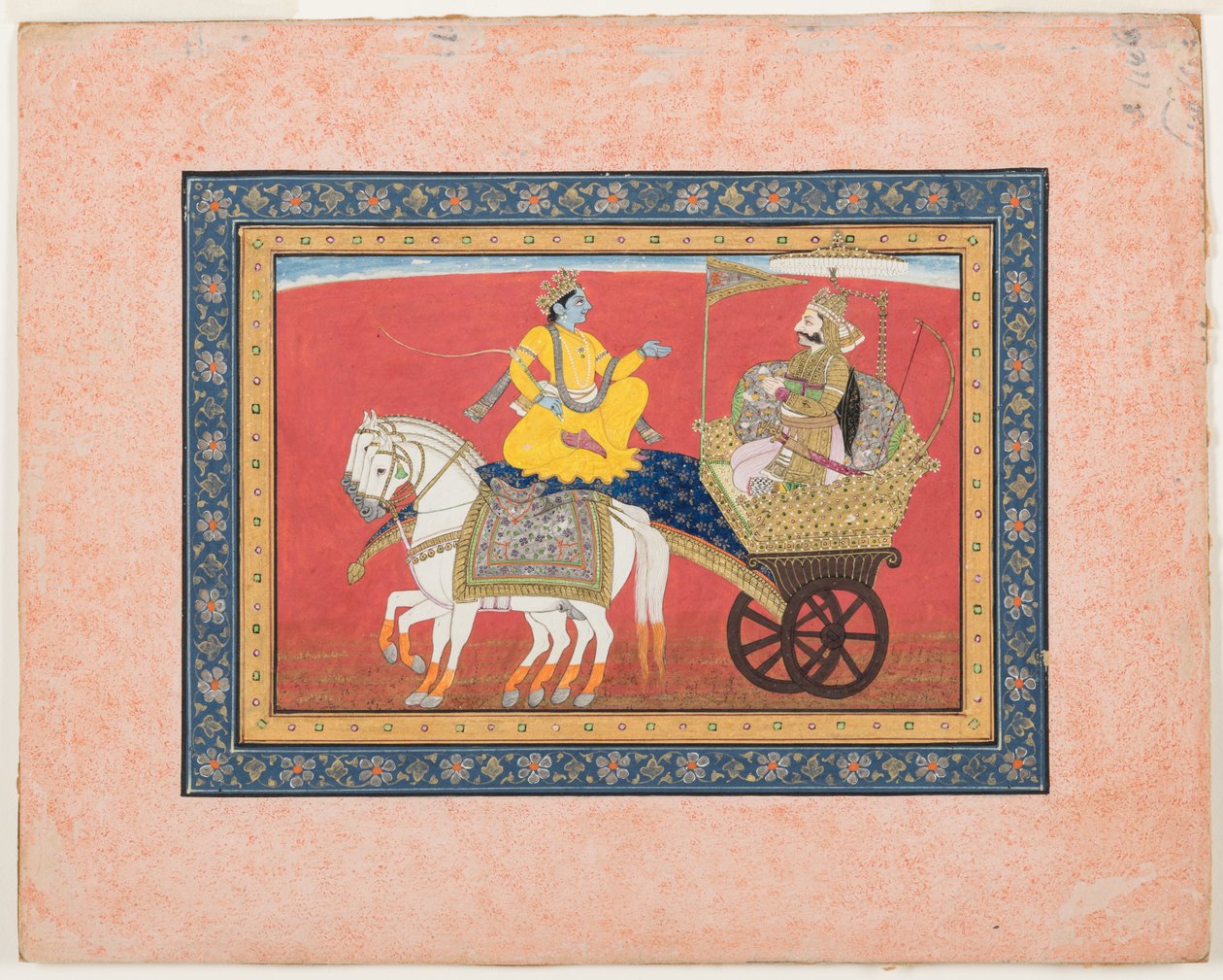 कुरुक्षेत्र के युद्ध के मैदान पर कृष्ण और अर्जुन के बीच संवाद, c.1820 (अपारदर्शी जल रंग और कागज पर सोना) द्वारा इंडियन स्कूल