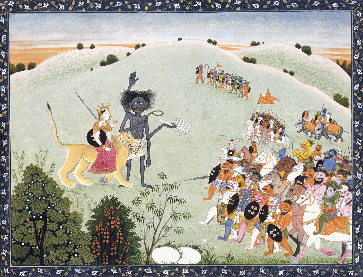 दुर्गा और काली राक्षसों के अग्रिम मेजबान से पहले खड़े हैं, c.1800-1820 द्वारा इंडियन स्कूल