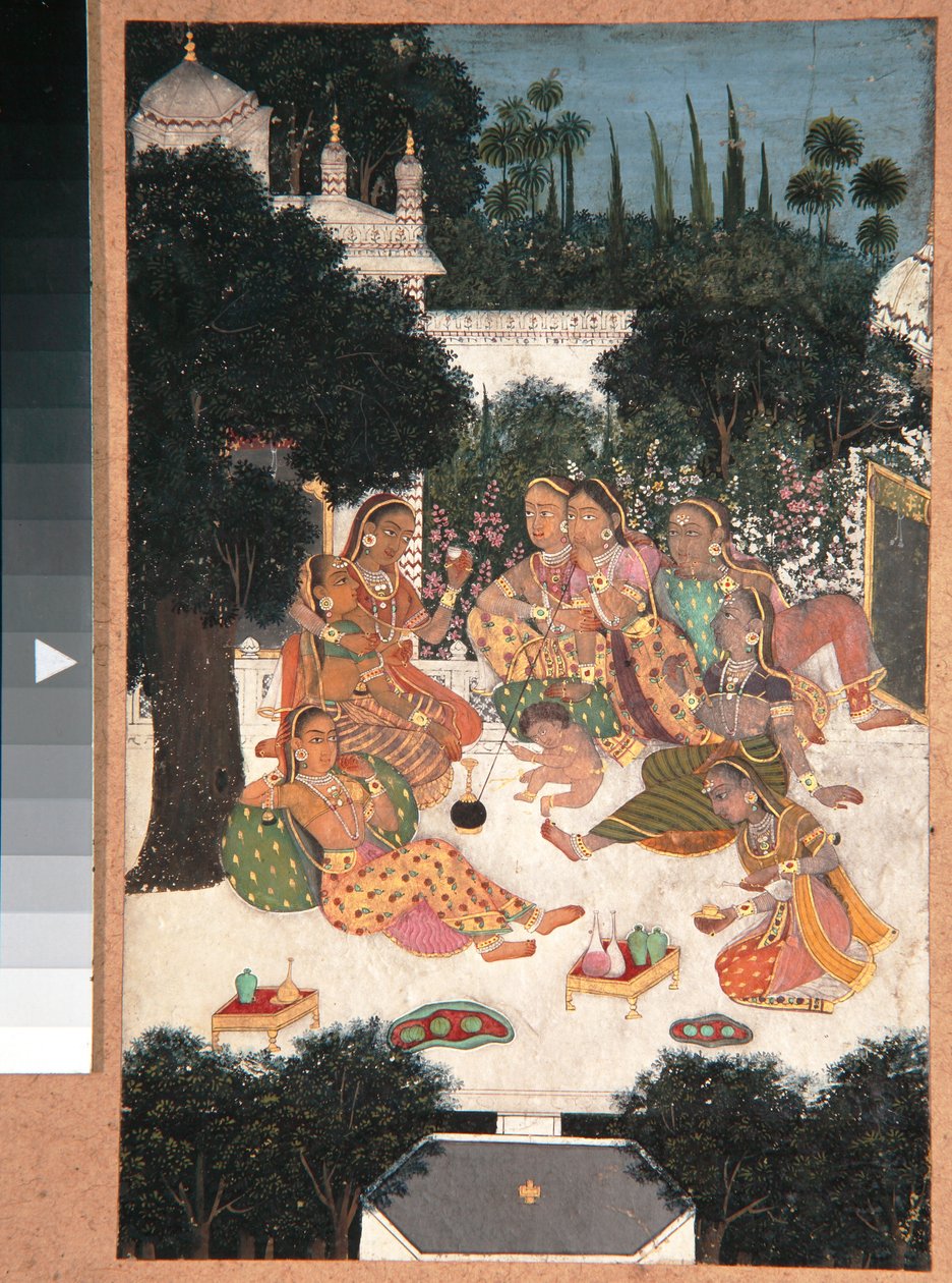 एक महल की छत पर आठ महिलाएं और एक बच्चा, c.1760 (कागज पर अपारदर्शी wc) द्वारा इंडियन स्कूल