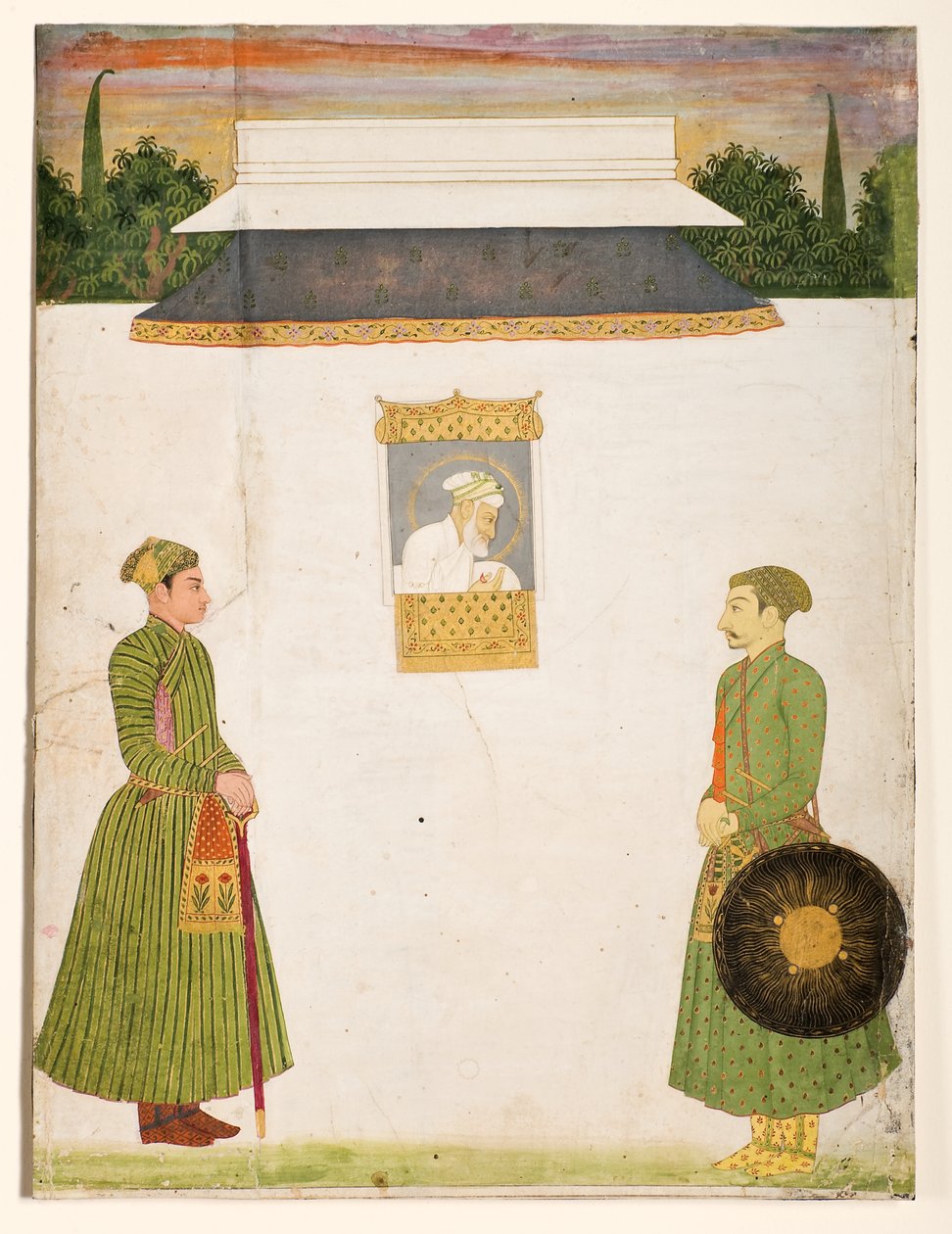 झरोखा खिड़की पर सम्राट औरंगजेब, अग्रभूमि में दो महानुभाव, c.1710 (कागज पर अपारदर्शी wc सोना) द्वारा इंडियन स्कूल