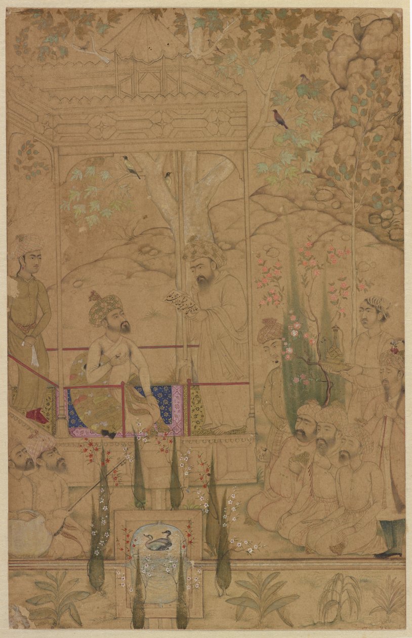 एक बाग में अटेंडेंट के साथ सम्राट बाबर, c। 1590 द्वारा इंडियन स्कूल
