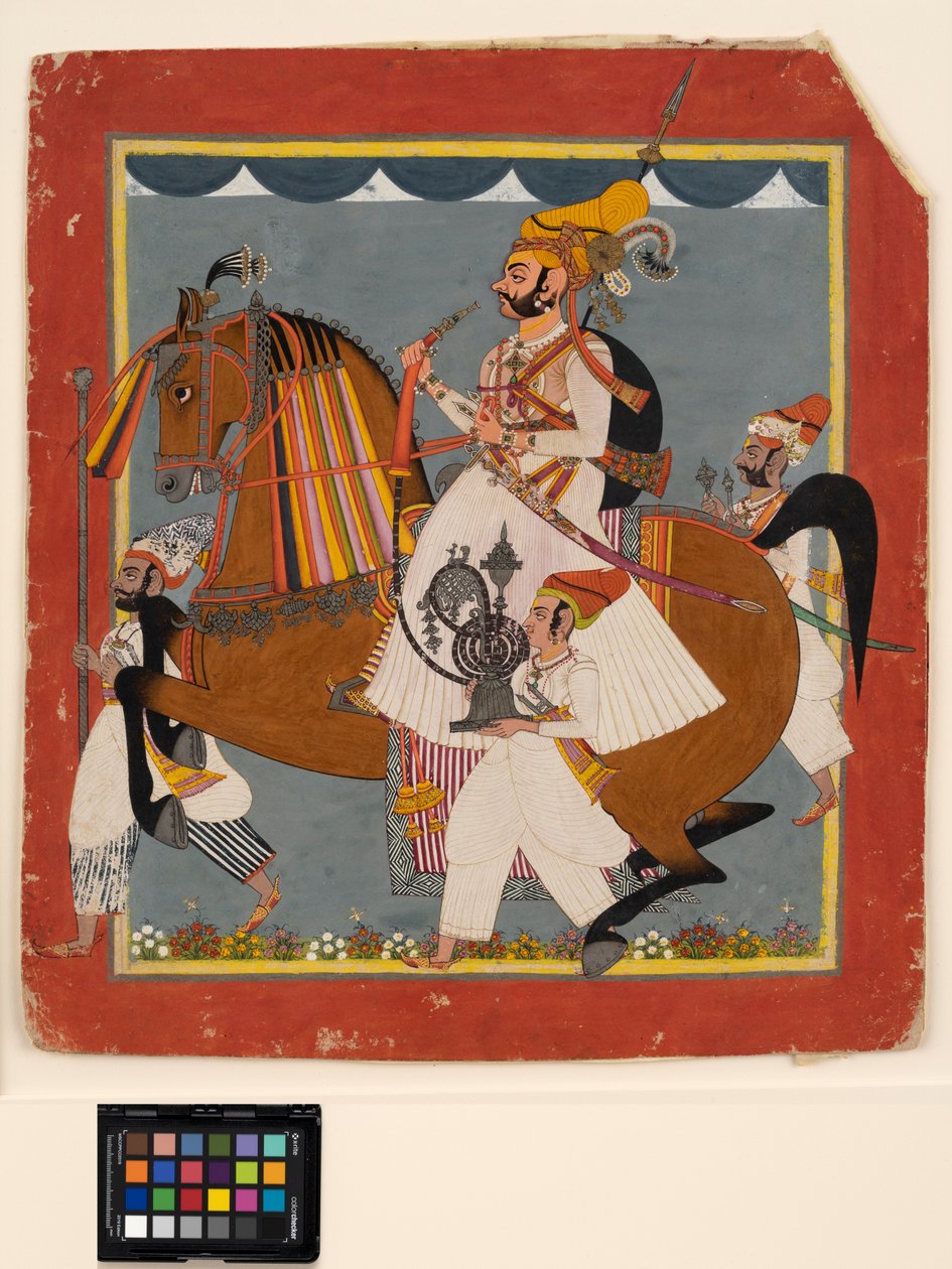 अश्वारोही राजा भीम सिंह हुक्का और नौकरों के साथ, c.1820 (अपारदर्शी w - c, कागज पर सोना और चांदी) द्वारा इंडियन स्कूल