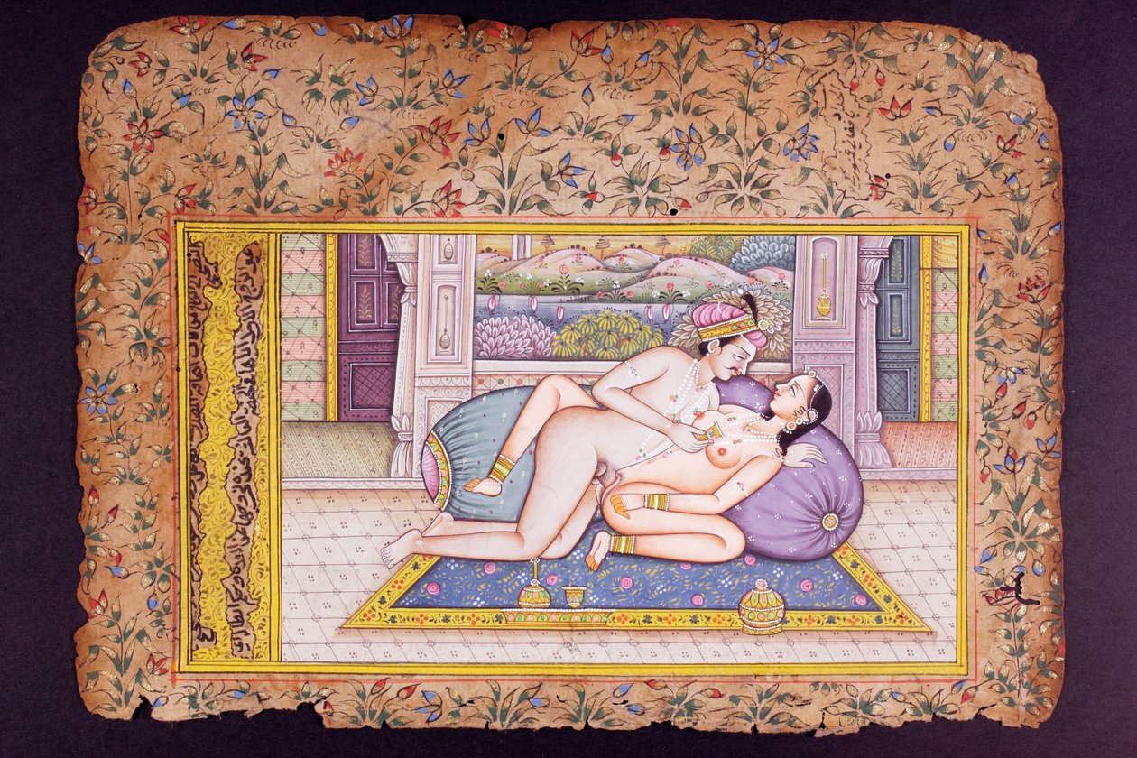 शानदार बॉउडर में कामुक दृश्य, राजस्थानी लघु चित्रकला द्वारा इंडियन स्कूल