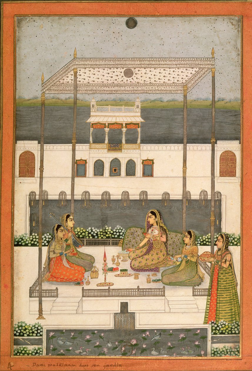 मुगल पैलेस, लखनऊ या मुर्शिदाबाद, पश्चिम बंगाल, 1760 के बगीचे में शाम की पार्टी द्वारा इंडियन स्कूल
