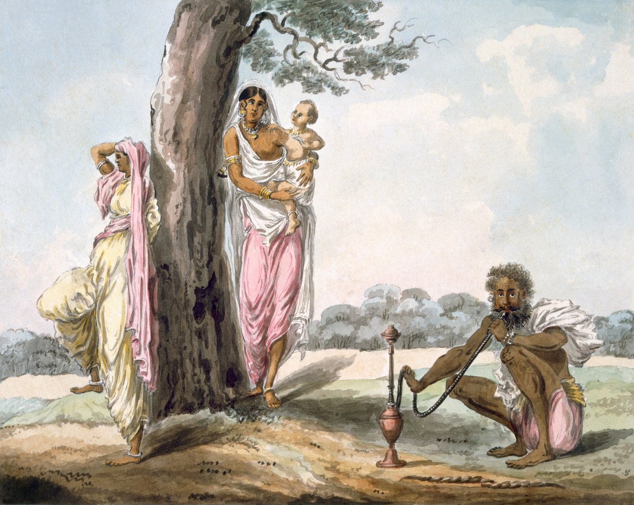 परिवार: हुक्का पीता हुआ आदमी और योग करती लड़की, c1850। द्वारा इंडियन स्कूल