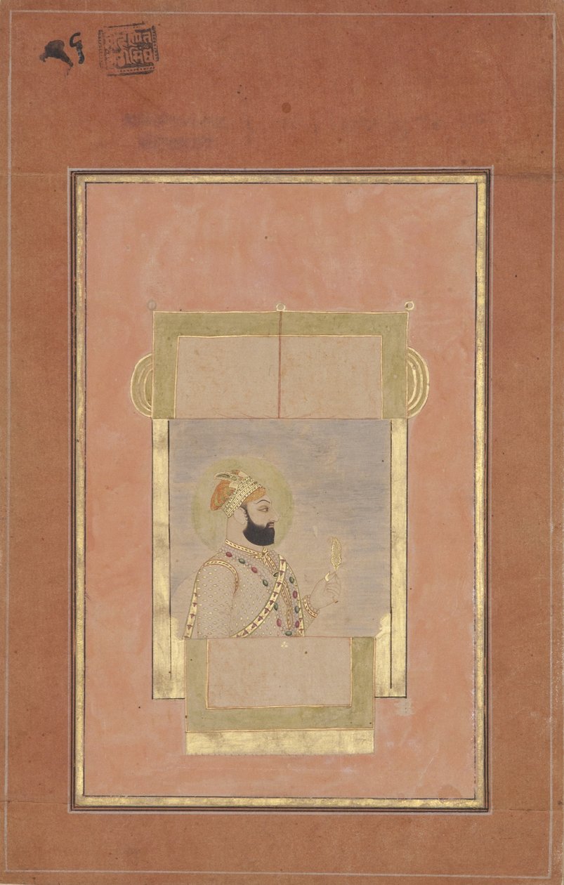 फ़ारूख सियार ने एक खिड़की पर बैठा, एक सोने का सरपंच पकड़ा, c.1715 (कागज पर अपारदर्शी wc और सोना) द्वारा इंडियन स्कूल