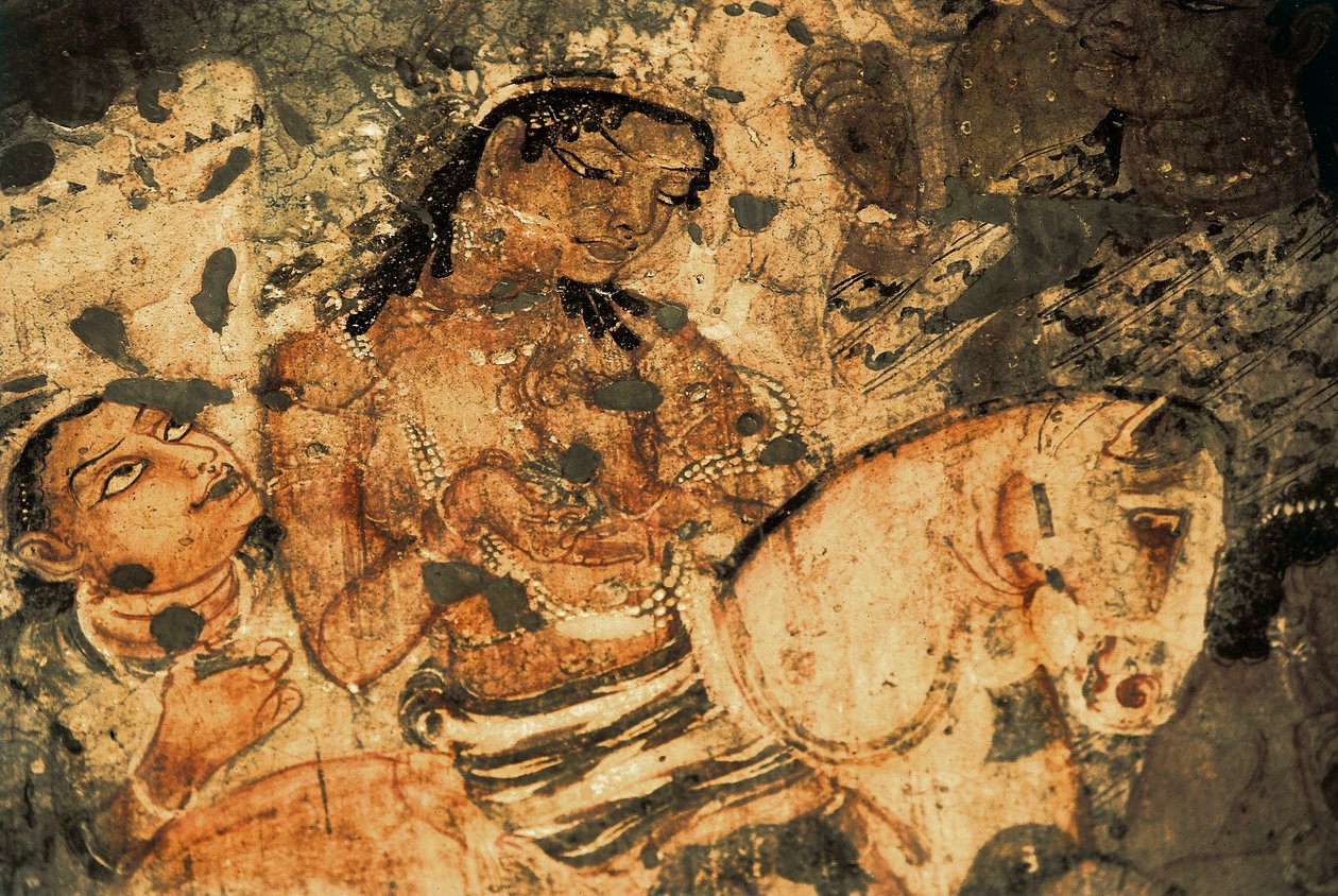 घोड़े की पीठ पर एक महिला की आकृति, अजंता की गुफाओं में भित्ति चित्र (नंबर 1), गुप्त काल, 5वीं-छठी शताब्दी (पेंटिंग) द्वारा इंडियन स्कूल