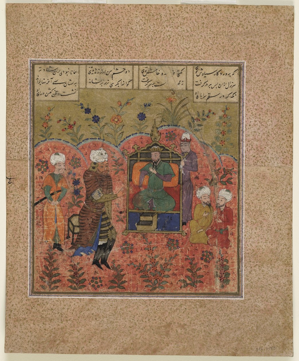 फिरदौसी द्वारा एक शाहनामा (किंग्स की पुस्तक) का फोलियो (d.1020); के कौस से पहले रुस्तम (कागज पर अपारदर्शी जल रंग, स्याही और सोना) द्वारा इंडियन स्कूल