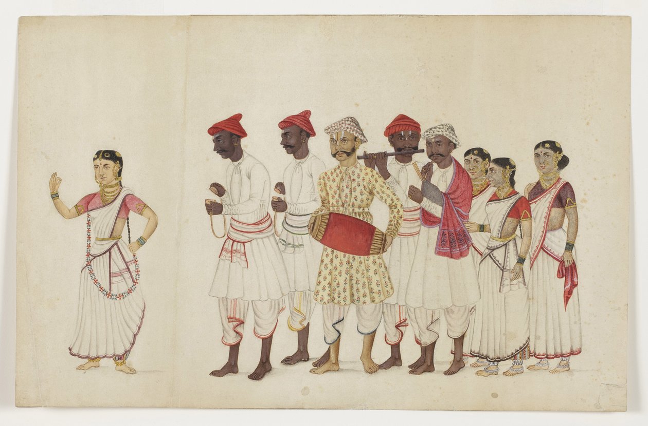संगीतकारों के साथ जुलूस में चार महिला डांसर, c.1830 (कागज पर अपारदर्शी wc और सोना) द्वारा इंडियन स्कूल