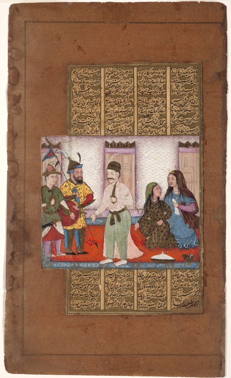 Garsivaz ने मनिज़स अपार्टमेंट में बिज़ान को गिरफ्तार किया, c.1610 (कागज पर अपारदर्शी wc और सोना) द्वारा इंडियन स्कूल
