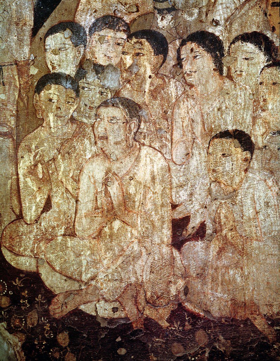 गुफा 17 के आंतरिक भाग से बुद्ध की मृत्यु पर शोक व्यक्त करते शिष्यों का समूह द्वारा इंडियन स्कूल
