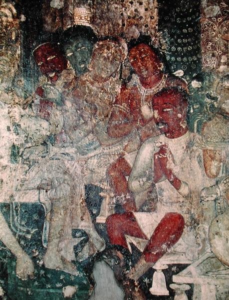 गुफा 16 (फ्रेस्को) के आंतरिक भाग से आकृतियों का समूह द्वारा इंडियन स्कूल