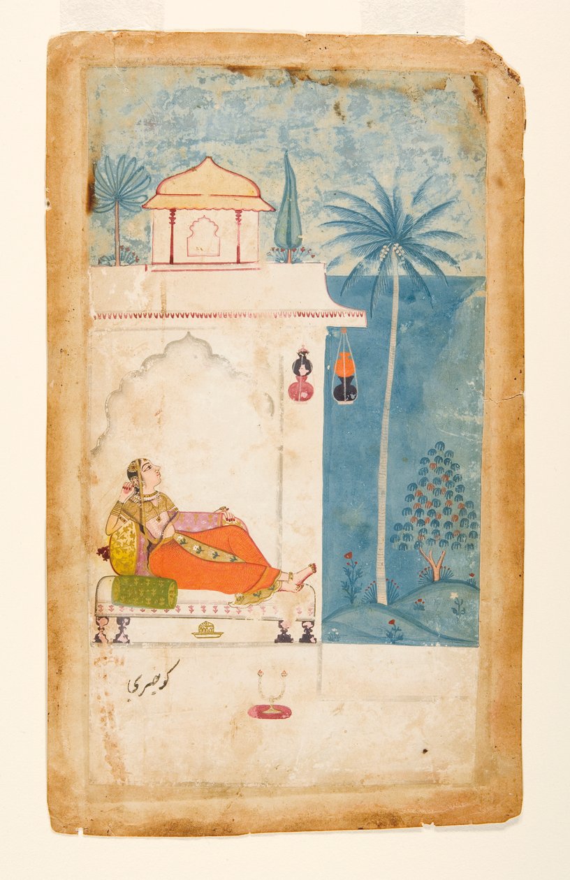 मेघ की गुर्जर रागिनी, c.1680 (कागज पर अपारदर्शी wc और सोना) द्वारा इंडियन स्कूल
