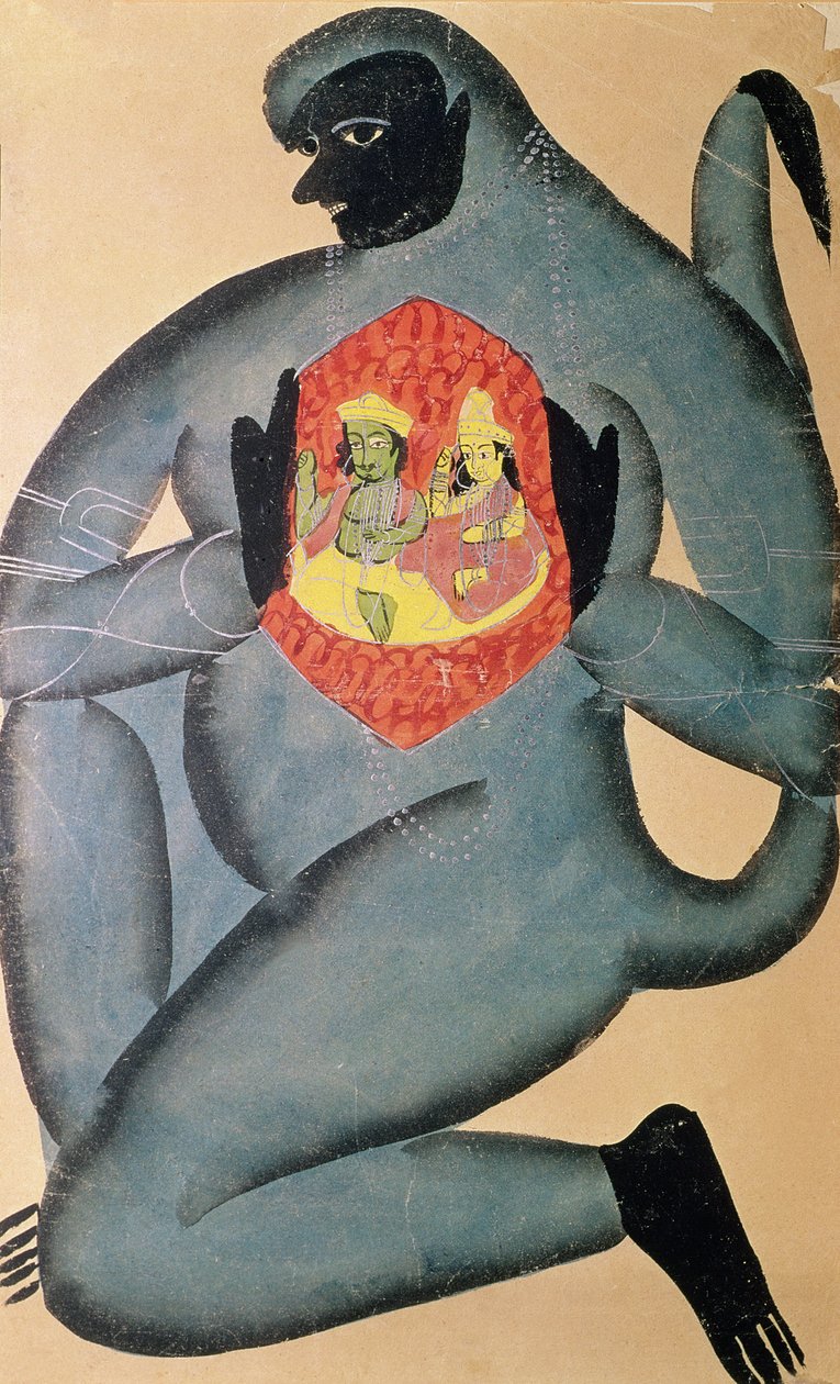 1880 में पटुआ जाति के एक सदस्य द्वारा चित्रित हनुमान ने राम और सीता को अपने दिल में रखा द्वारा इंडियन स्कूल