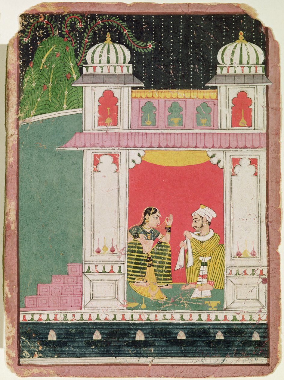 एक मंडप में हीरोइन और उसका प्रेमी, c.1640-50 (कागज पर स्याही और wc) द्वारा इंडियन स्कूल