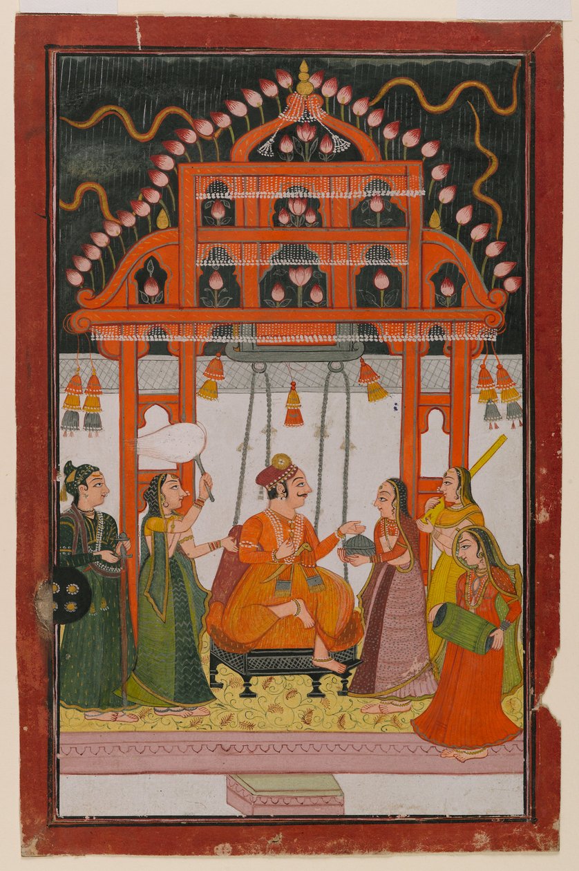 हिंडोला राग, एक बिखरी हुई रागमाला श्रृंखला का पृष्ठ, c.1830 (कागज पर wc और धातु पेंट) द्वारा इंडियन स्कूल