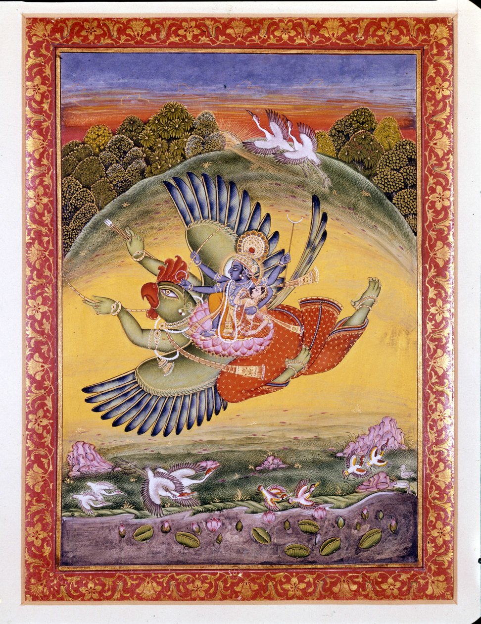 हिंदू धर्म: एक महान हिंदू देवता विष्णु (या विष्णु) और उनकी पत्नी लखमी को लेकर गरुड़ पक्षी का प्रतिनिधित्व द्वारा इंडियन स्कूल