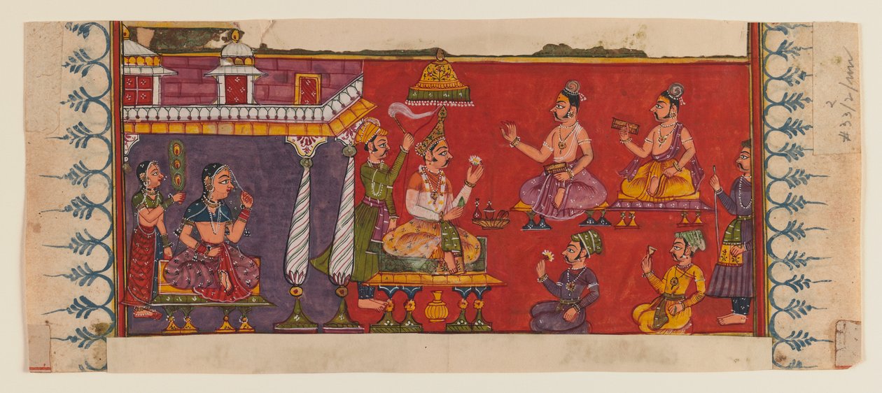 होलीमेन और कोर्टियर्स एक राजकुमार से पहले इकट्ठा होते हैं (कागज पर अपारदर्शी wc और सोना) (रेक्टो के लिए 406509 देखें) द्वारा इंडियन स्कूल