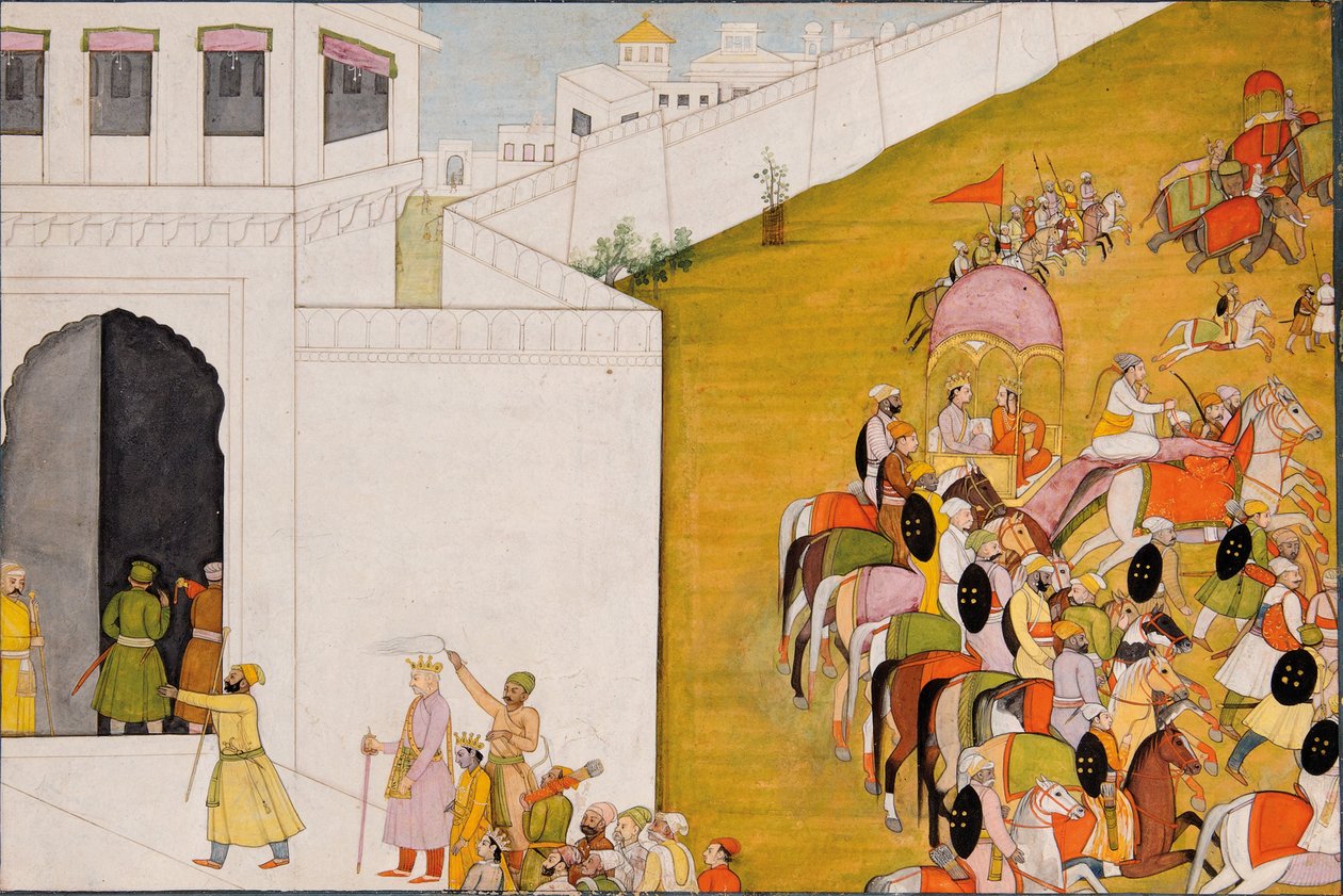 रामायण का चित्रण: राम मिथिला में तीरंदाजी प्रतियोगिता के लिए प्रवेश करते हैं, c.1775-80 द्वारा इंडियन स्कूल