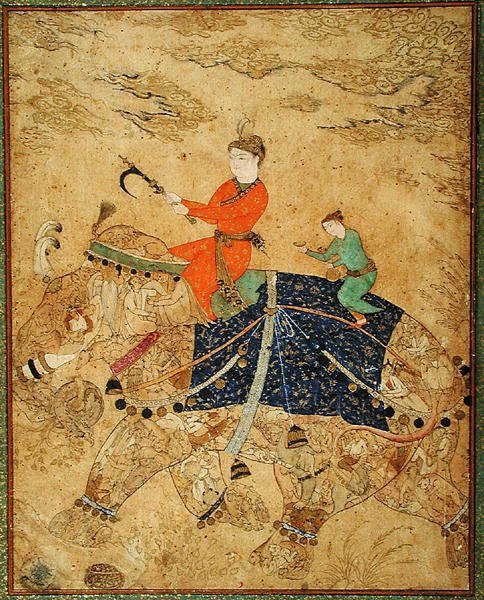 में। 11.37r एक राजकुमार हाथी की सवारी करता है, c.1600 (वेल्लम) द्वारा इंडियन स्कूल