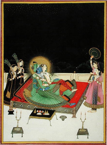 में। 67.23 राधा और कृष्ण खुद को आईने में निहारते हैं, c.1800 (वेल्लम) द्वारा इंडियन स्कूल
