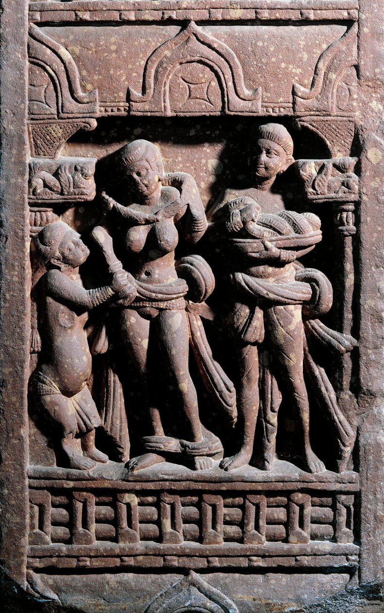 भारतीय कला: सुंदरानंद (नंदा) ने सुंदरी को शौचालय बनवाने में मदद की। अवधि कौचाने (कुषाण या कुषाण) द्वारा इंडियन स्कूल