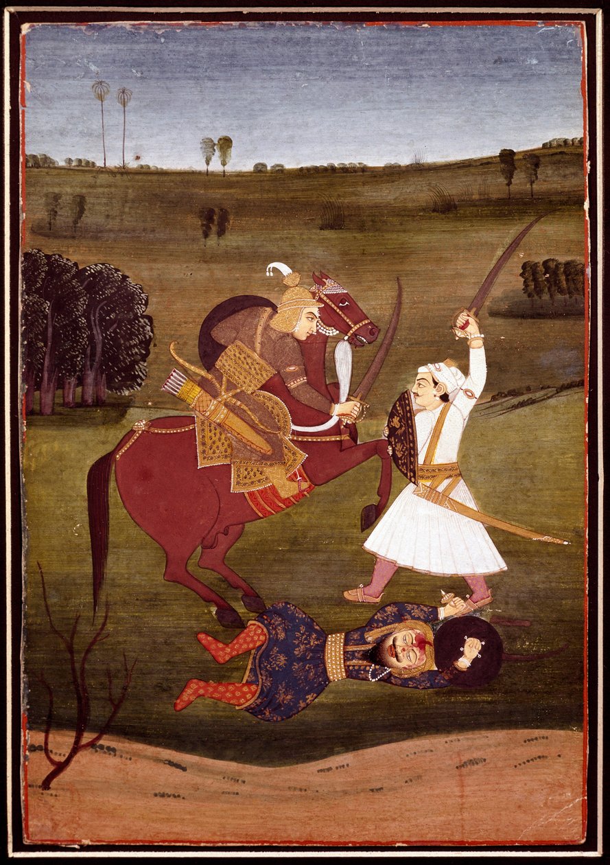 भारतीय कला: ""घोड़े पर एक राजकुमार और एक योद्धा के बीच लड़ाई""" जमीन पर पड़ा एक दानव। बीकानेर के स्कूल का लघुचित्र। 1765 निजी संग्रह Private द्वारा इंडियन स्कूल