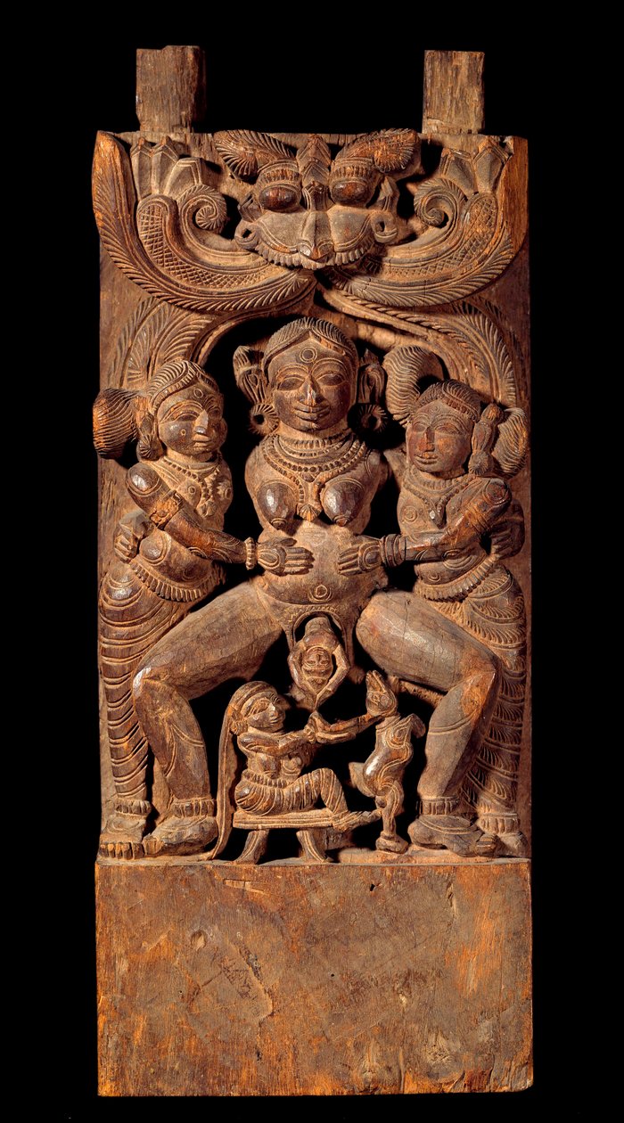 भारतीय कला: जन्म देने वाली देवी, महामाई का प्रतिनिधित्व। 18वीं सदी की लकड़ी की राहत निजी संग्रह द्वारा इंडियन स्कूल