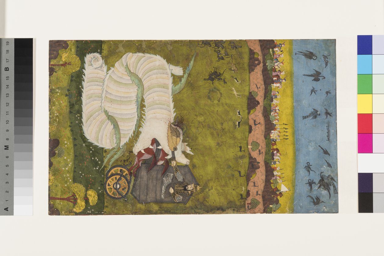 Isfandiyar ड्रैगन पर हमला करता है, c.1760 (कागज पर अपारदर्शी wc और सोना) द्वारा इंडियन स्कूल