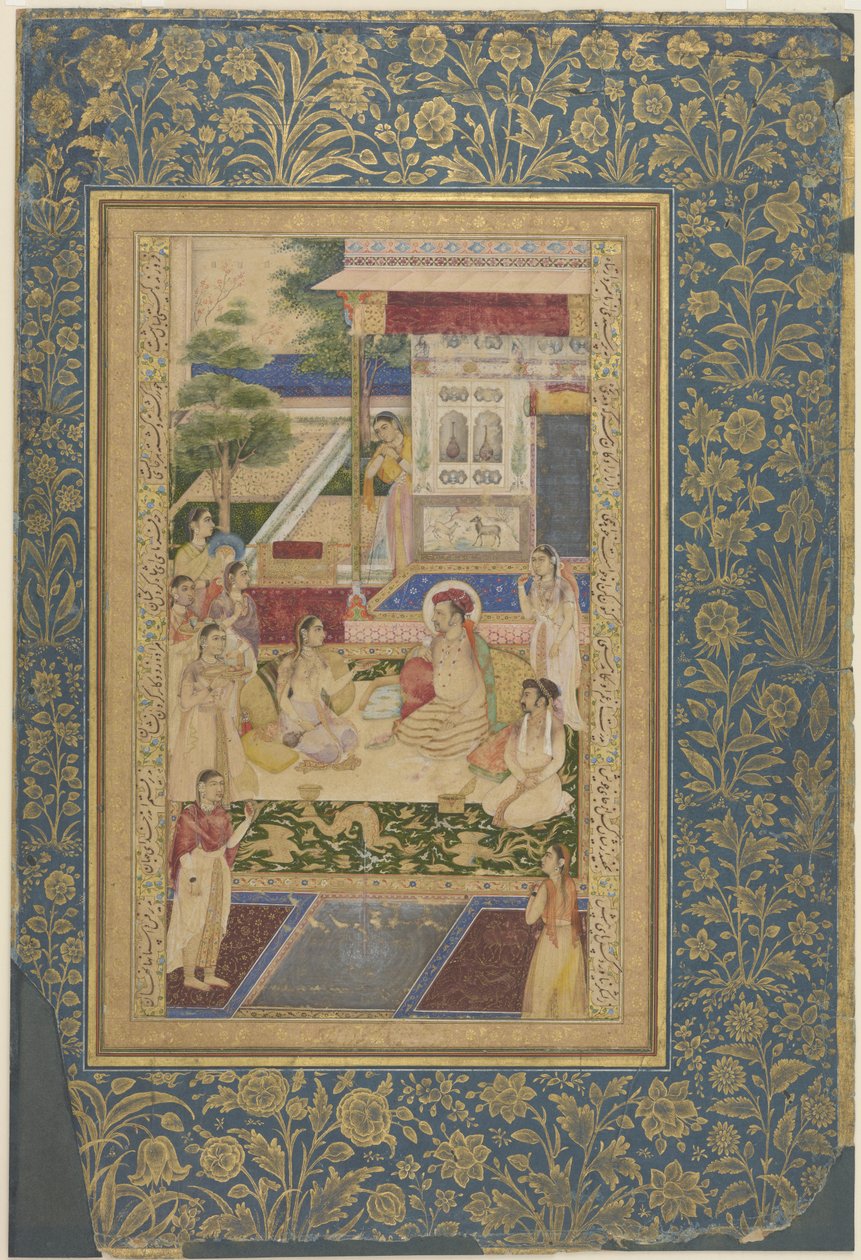 जहाँगीर और प्रिंस खुर्रम ने नूरजहाँ का मनोरंजन किया, c.1640-50 द्वारा इंडियन स्कूल