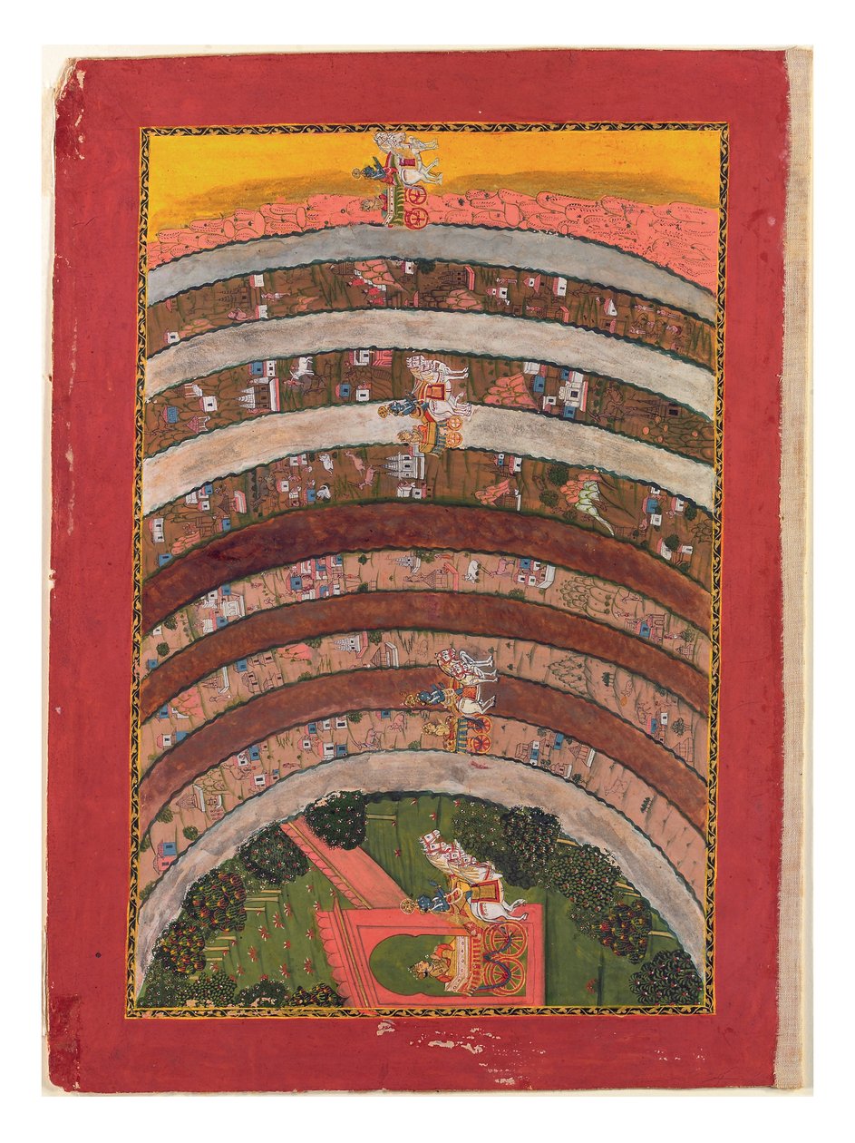 अपने रथ में कृष्ण की यात्रा से अनजान भूमि के माध्यम से यात्रा, c.1750 (अपारदर्शी wc, सोना और चांदी पोस्ट) द्वारा इंडियन स्कूल