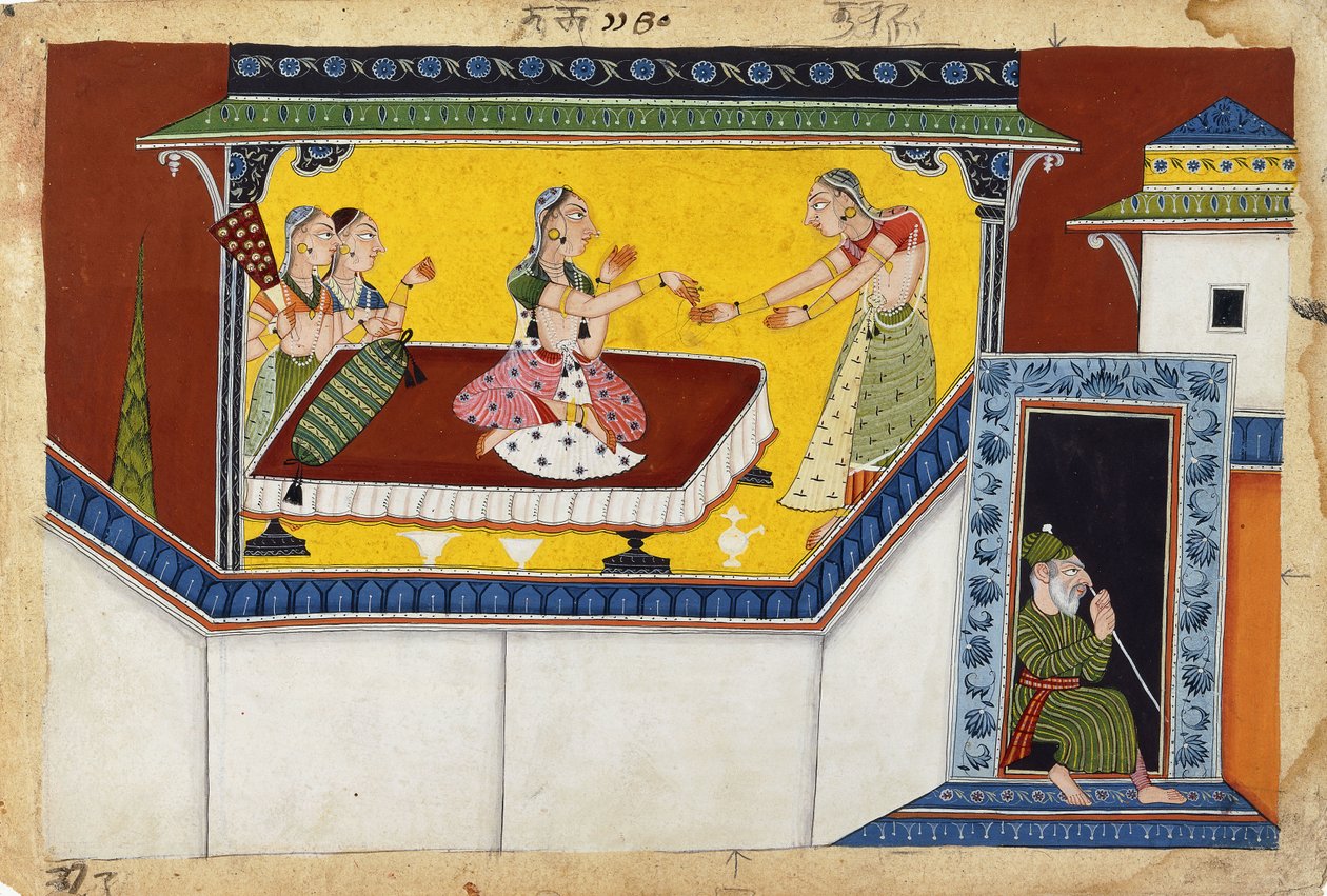 कैकेयी, राजा दशरथ की दूसरी रानी, हंचबैक नौकरानी मंथरा की पुरस्कार राशि, c.1690-1700 द्वारा इंडियन स्कूल