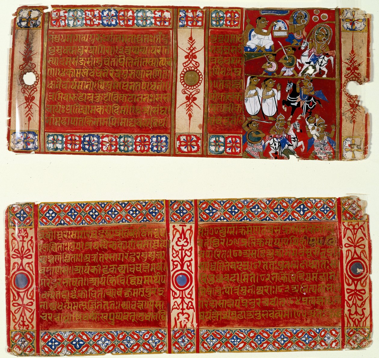कालका एक जैन भिक्षु बन जाता है; कलाका नन का अपहरण करता है, कलाकराचार्य-कथा, उत्तर प्रदेश की छितरी हुई जैन पांडुलिपि के दो पत्ते द्वारा इंडियन स्कूल