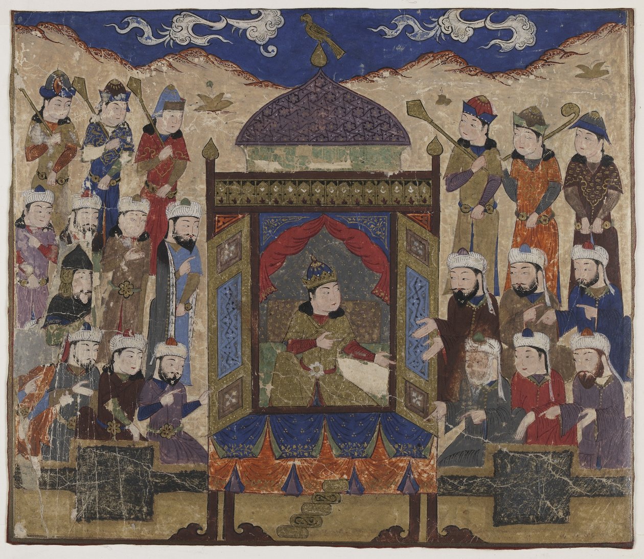 ख़ुसर परविज़ तख्त-ए तक़दीस पर बैठे, c.1425-50 द्वारा इंडियन स्कूल