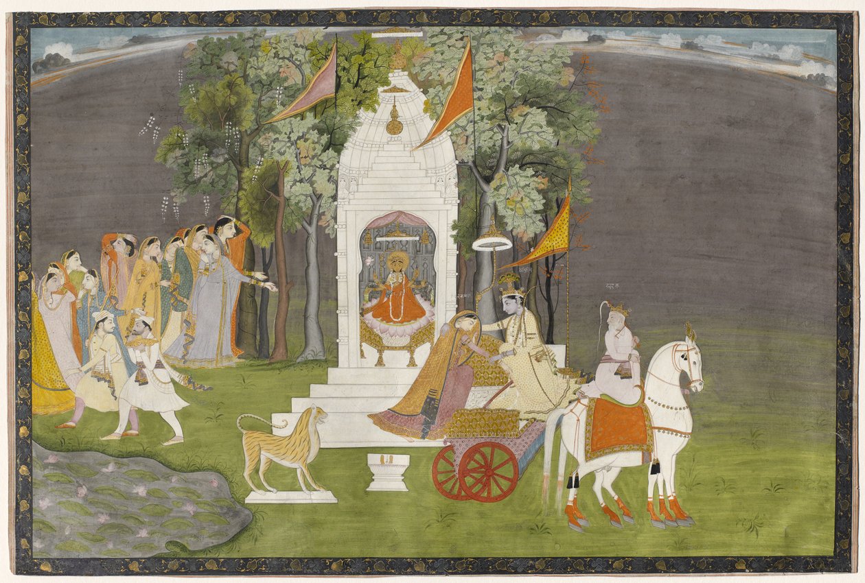 कृष्ण मंदिर से रुक्मणी का अपहरण, c.1810 (कागज पर सोने के साथ गौचे) द्वारा इंडियन स्कूल