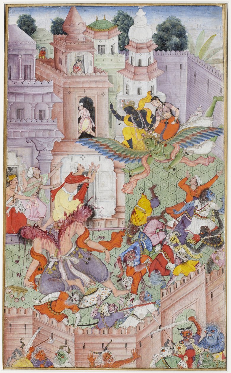 कृष्णा ने अपने डिस्कस के साथ दानव नरकासुर का सुराग लगाया, c.1585-90 (कागज पर अपारदर्शी wc और पेपर द्वारा इंडियन स्कूल