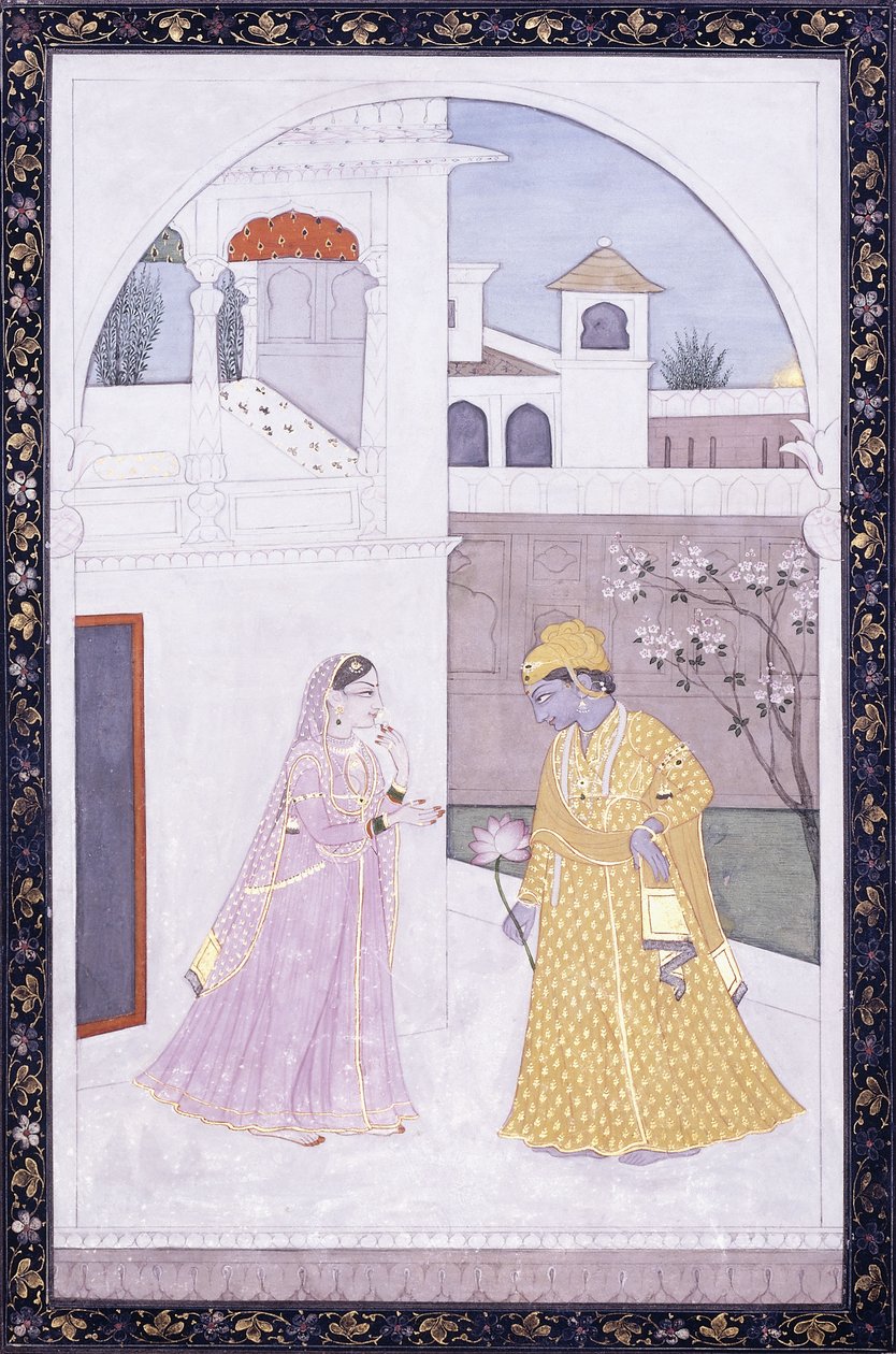 कृष्णा स्टेंड्स होल्डिंग ए लोटस ब्लॉसम, हिज़ लवर इन ए पिंक साड़ी, c। 1800 द्वारा इंडियन स्कूल