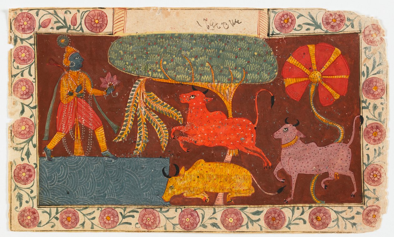 कृष्ण और गायों को एक तालाब में, एक भागवत पुराण (कागज पर अपारदर्शी wc) से द्वारा इंडियन स्कूल
