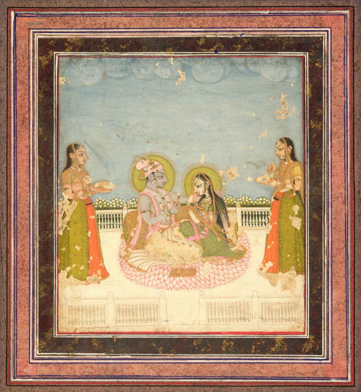 कृष्ण और राधा एक छत पर बैठे, c.1760-75 (wc, सोना और चांदी कागज पर) द्वारा इंडियन स्कूल