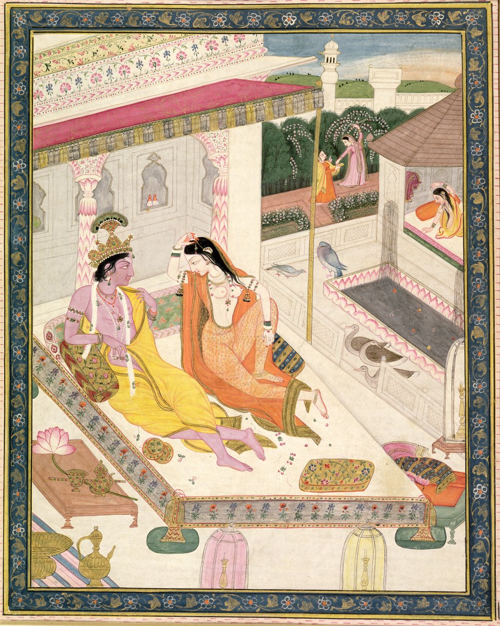 कृष्ण और राधा एक मोगुल महल, पंजाब में बिस्तर पर, c.1860 द्वारा इंडियन स्कूल