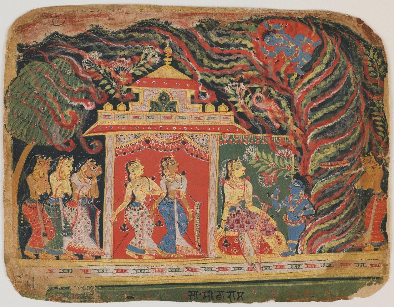 कृष्ण भागवत पुराण से बवंडर दानव द्वारा ले गए। c.1520-30 (कागज पर अपारदर्शी wc) द्वारा इंडियन स्कूल
