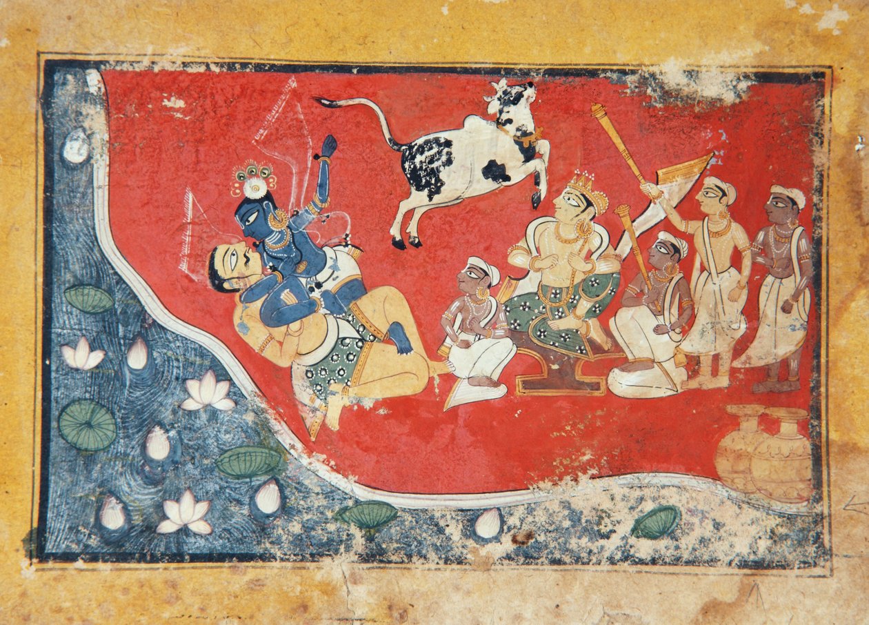 कृष्णा ने एक नदी के पास एक राक्षस को हराया, c.1560 (कागज पर अपारदर्शी wc) द्वारा इंडियन स्कूल